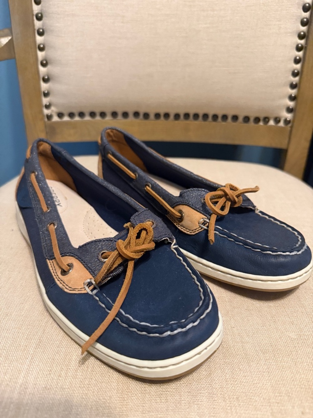 Sperry Navy and Tan Leather-Trim Moccasin Boat Shoes, Women’s Size 9M